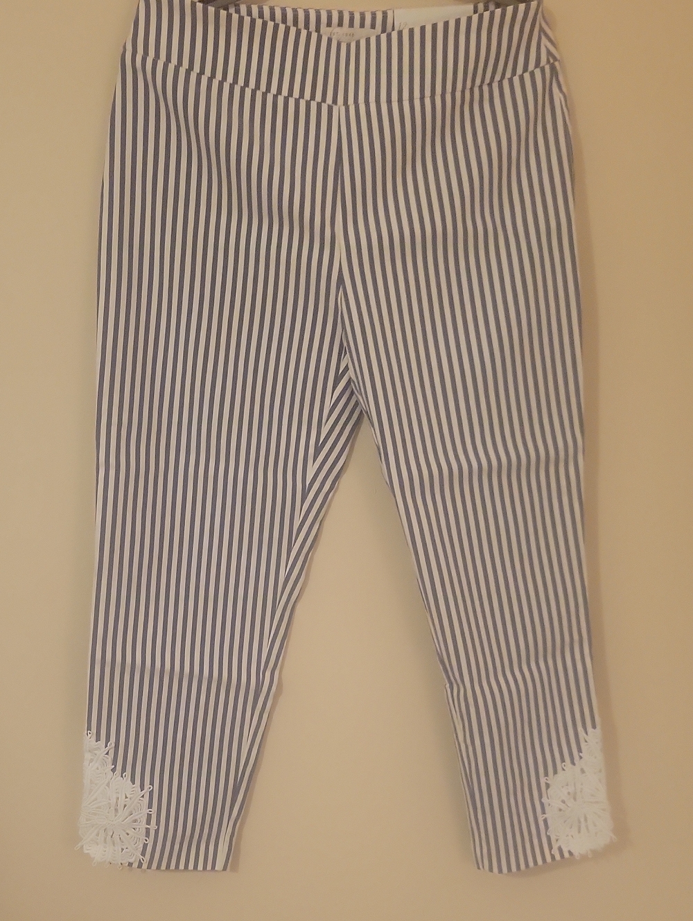 #44 Striped Blue and White Capri Pants with Lace Trim